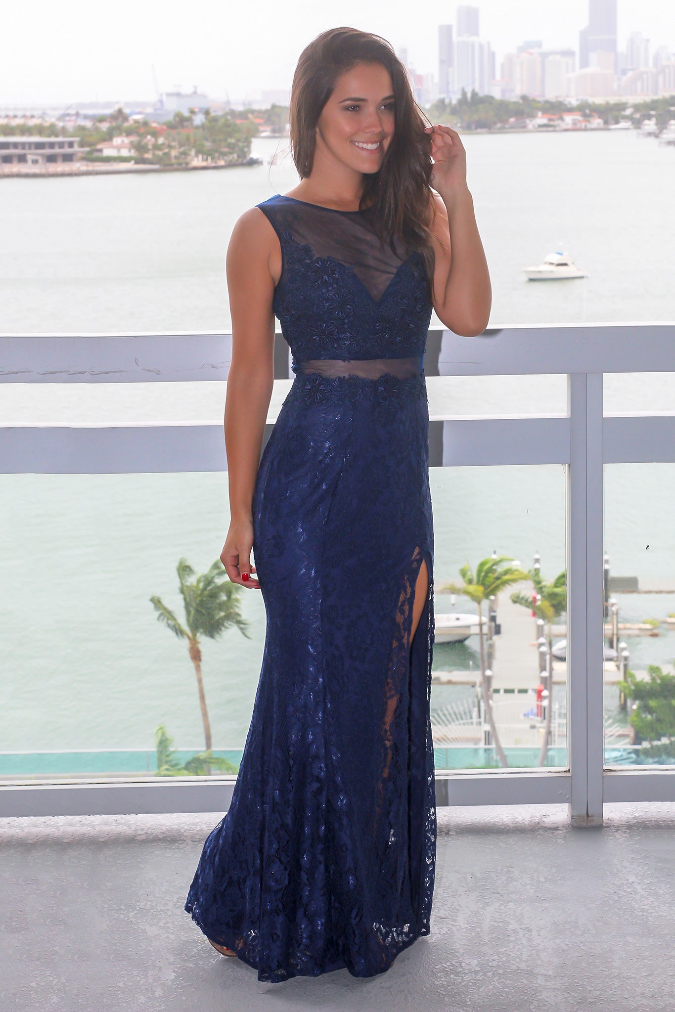 Navy Lace Maxi Dress with Mesh Detail and Side Slit | Maxi Dresses Saved by the Dress Navy Lace Maxi Dress with Mesh Detail and Side Slit | Maxi Dresses Saved by the Dress