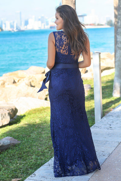 Navy Lace Maxi Dress with Tie Waist