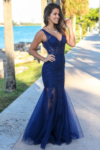 Navy Lace Maxi Dress with Tulle Detail