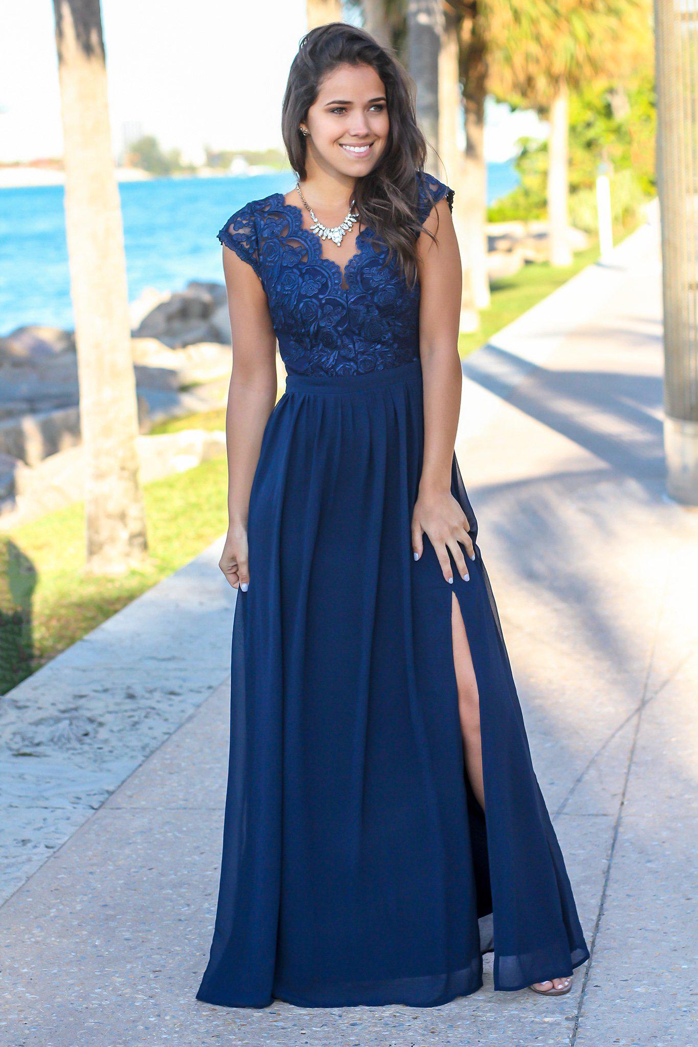 Navy Lace Top Maxi Dress with Open Back and Side Slit