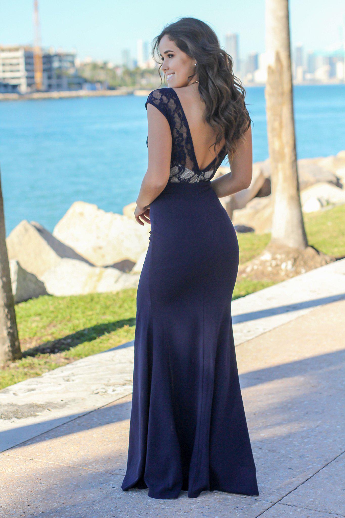 Navy Lace Top Maxi Dress with Side Slit