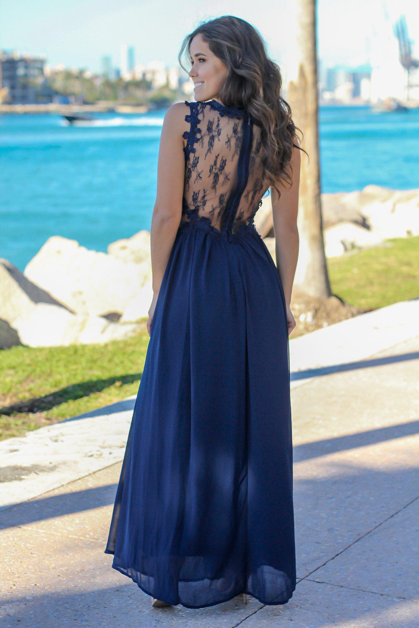 Navy Lace Top Maxi Dress with Tulle Back