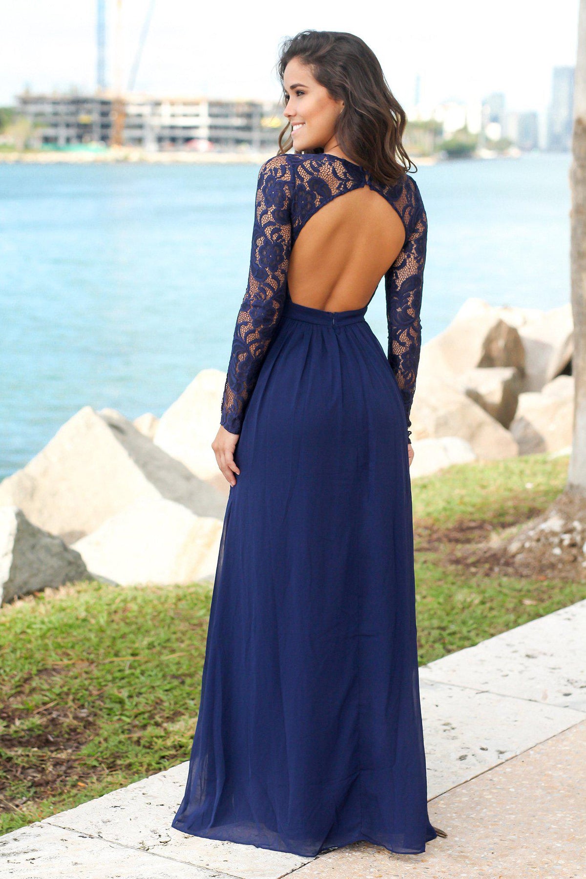 white christmas dresses Navy Long Sleeve Maxi Dress with Crochet Top
