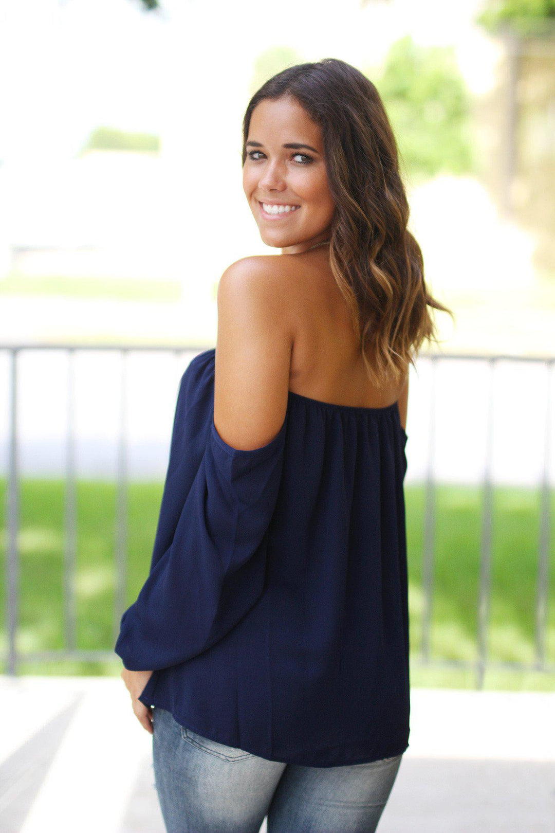 Navy Long Sleeve Off Shoulder Top | Navy Top – Saved by the Dress