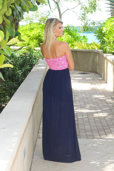 Navy Maxi Dress With Neon Pink Floral Top