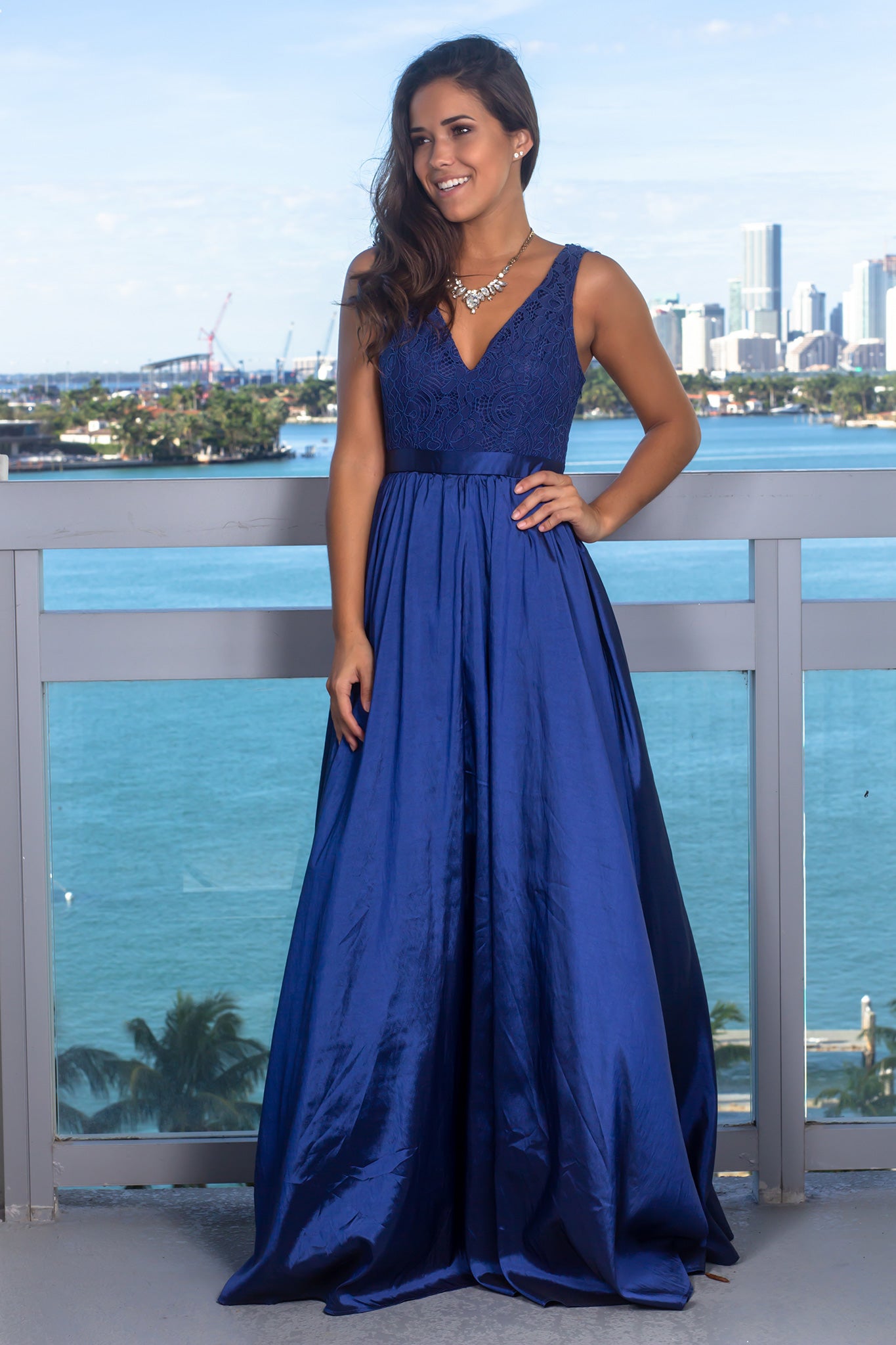 Navy Maxi Dress with Crochet Top and Lace Up Back