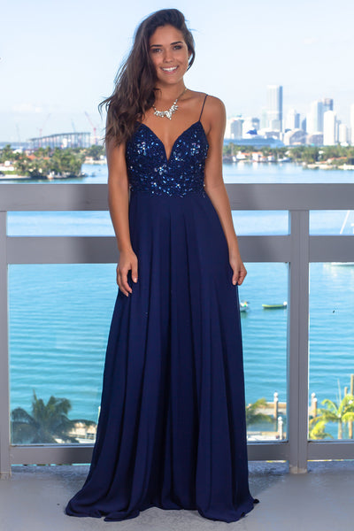 Navy Maxi Dress with Embroidered Sequin Top
