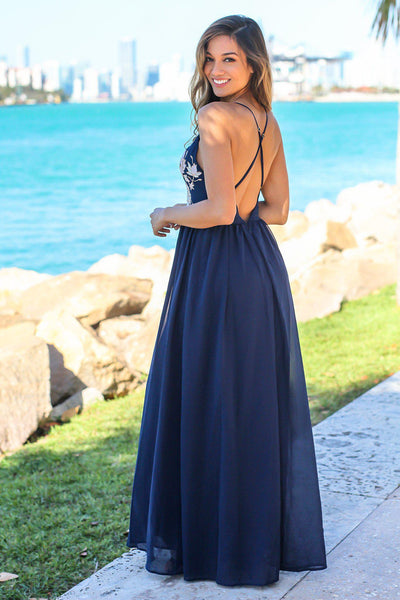Navy Maxi Dress with Embroidered Top and Criss Cross Back
