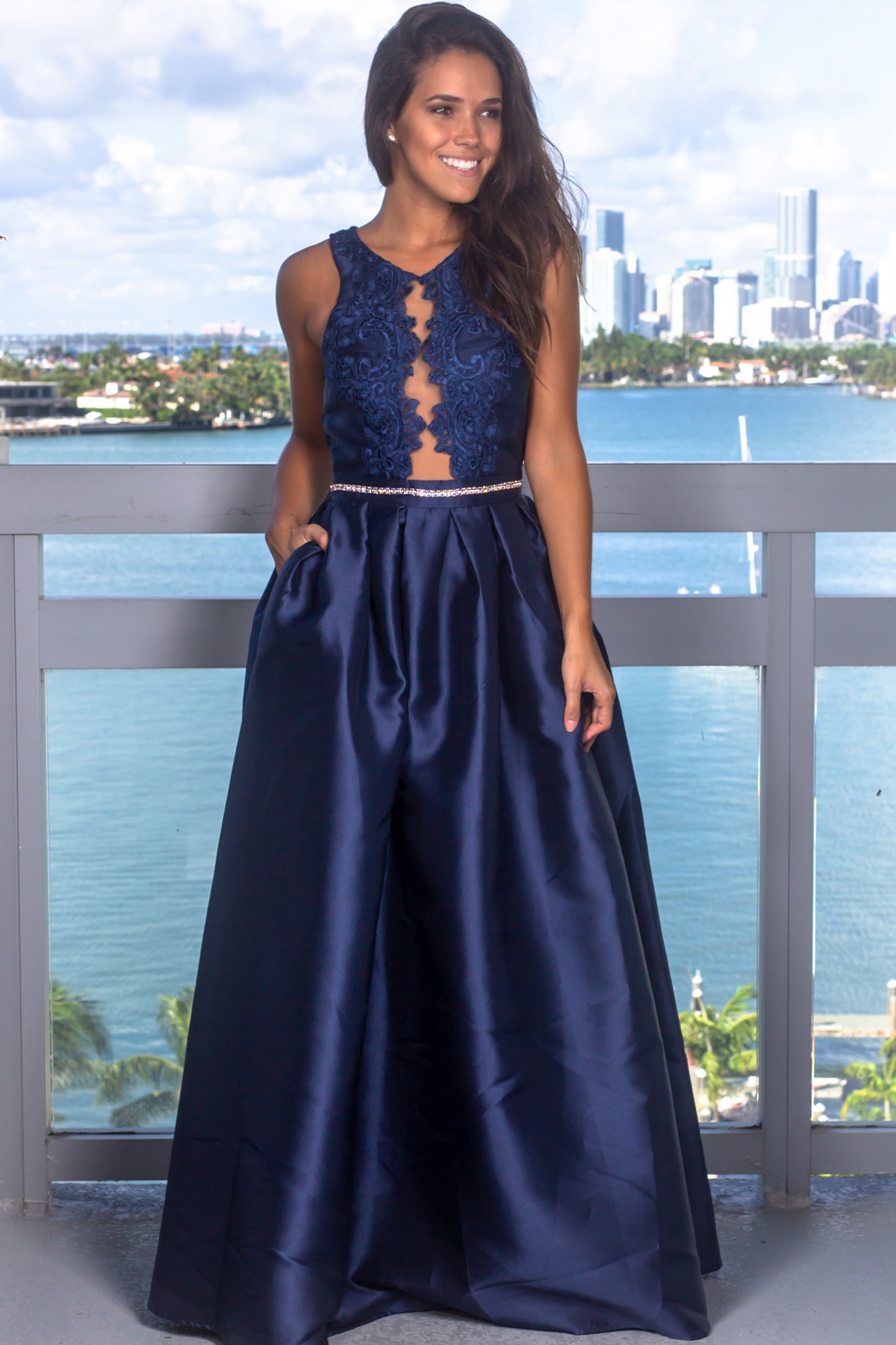 Navy Maxi Dress with Embroidered Top and Mesh Detail
