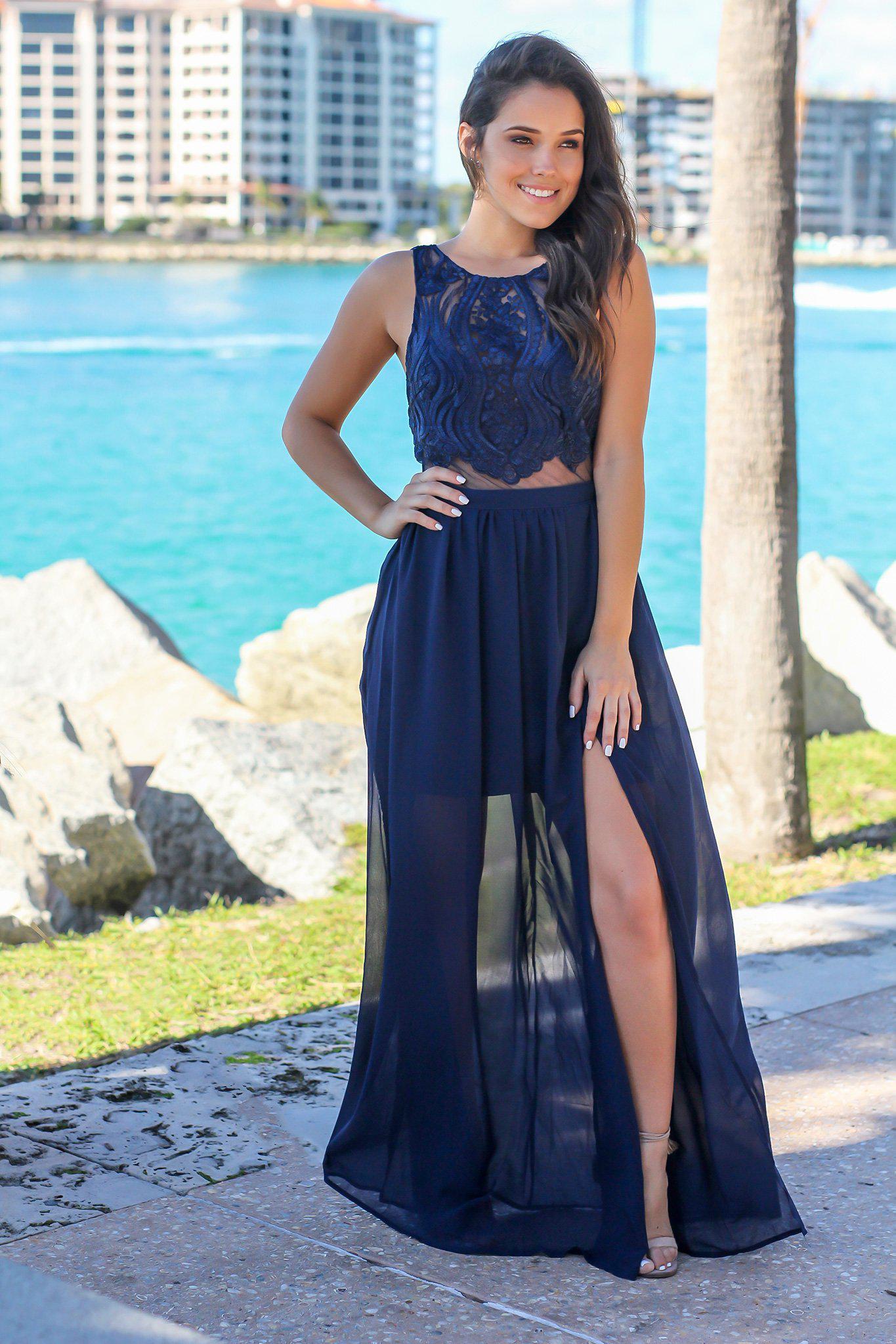 Navy Maxi Dress with Embroidered Top and Open Back