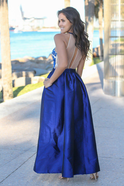 Navy Maxi Dress with Embroidered Top and Tulle Back