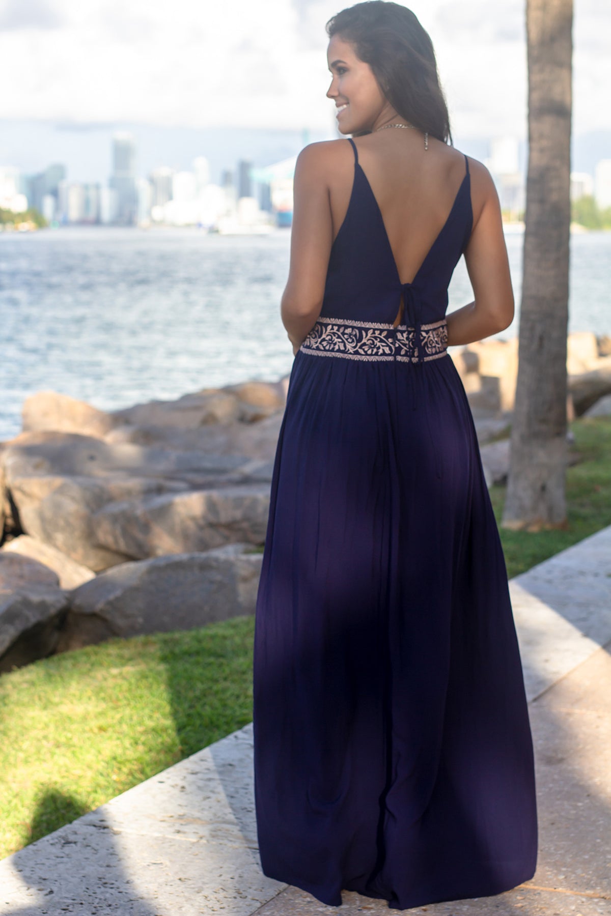 Navy Maxi Dress with Embroidered Top and Waist Detail