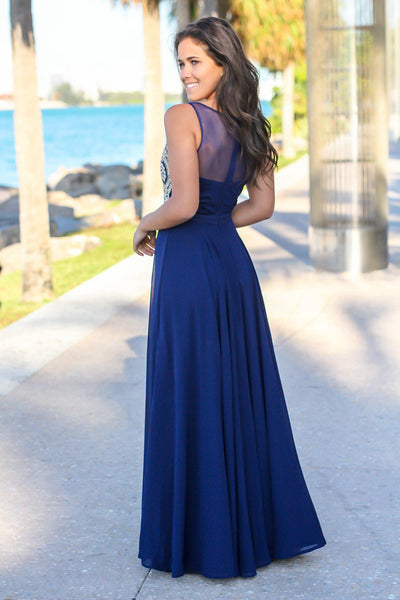 Navy Maxi Dress with Gold Embroidered Top