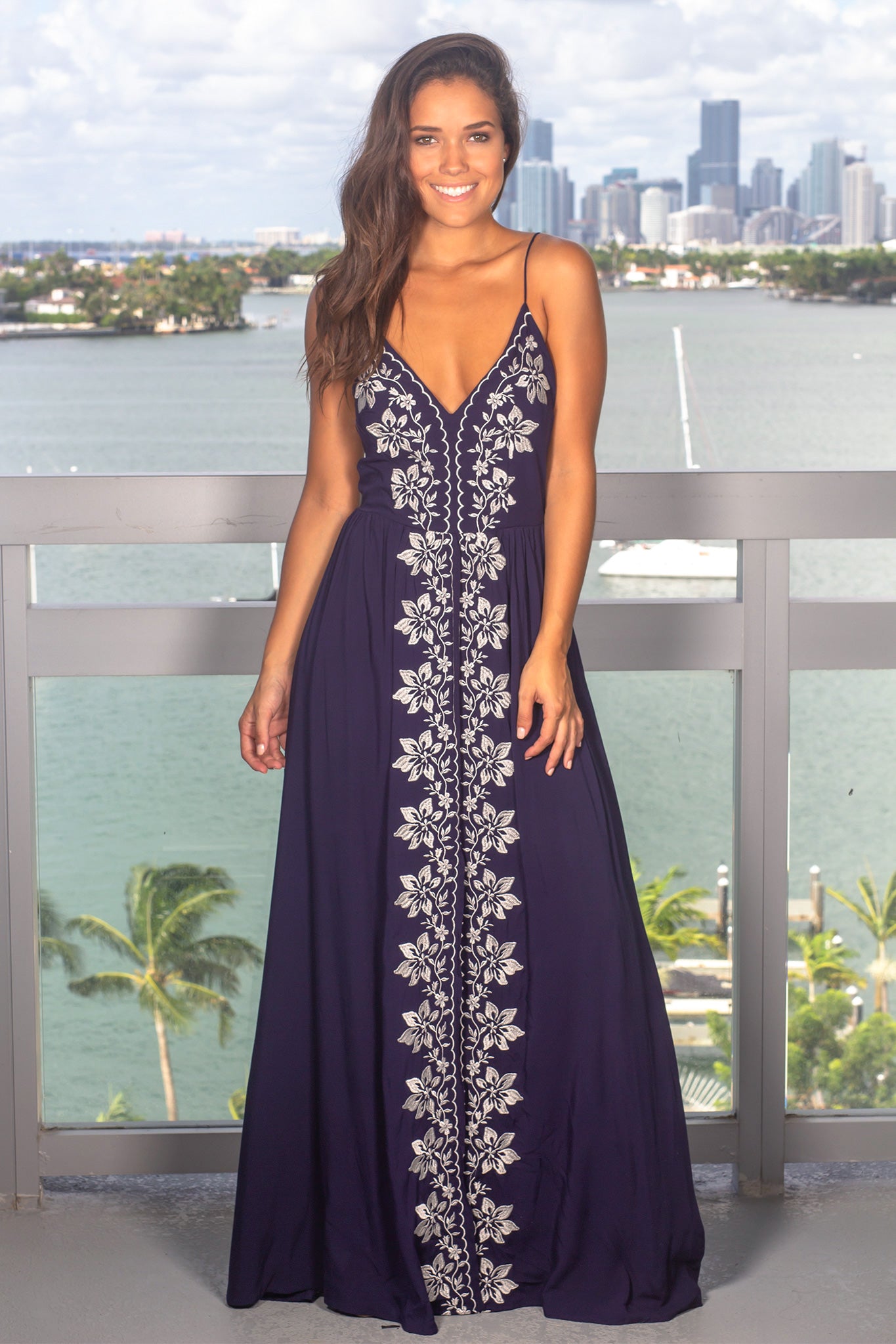 Navy Maxi Dress with Ivory Floral Embroidery