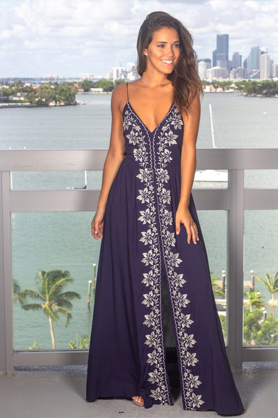 Navy Maxi Dress with Ivory Floral Embroidery