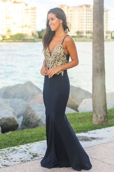 Navy Maxi Dress with Jeweled Top