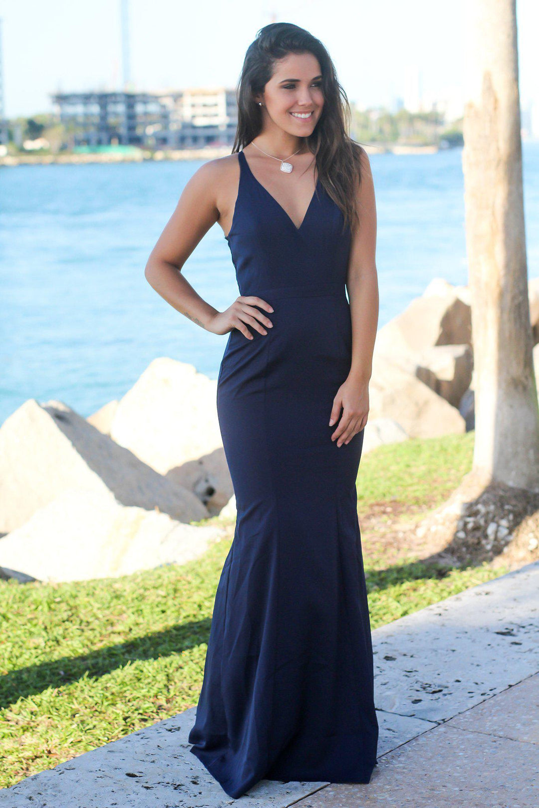 Navy Maxi Dress with Lace Back | Bridesmaid Dresses Saved by the Dress Navy Maxi Dress with Lace Back | Bridesmaid Dresses Saved by the Dress