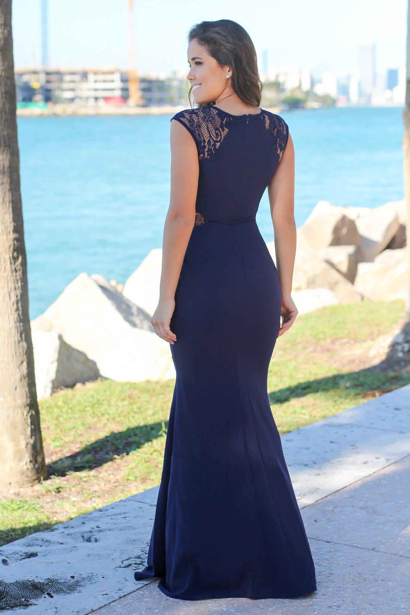 Navy Maxi Dress with Lace Cut Outs