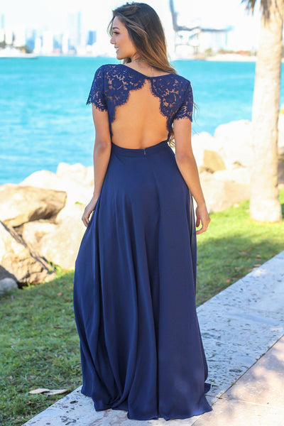 Navy Maxi Dress with Open Back and Lace Detail