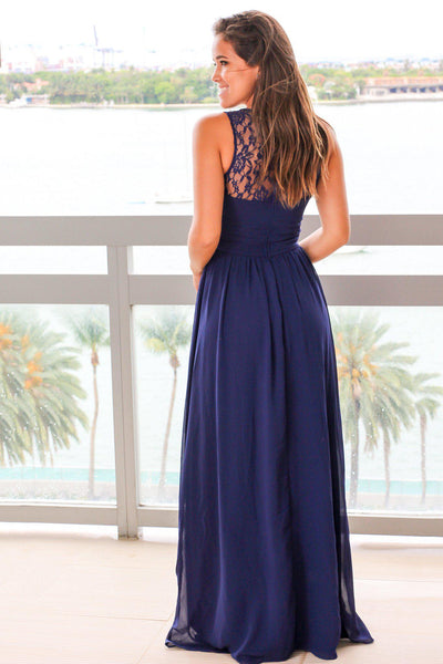 Navy Maxi Dress with Pleated Lace Top