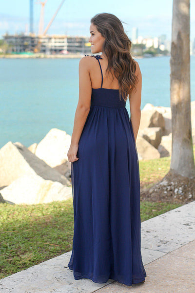 Navy Maxi Dress with Pleated Top and Crochet Detail