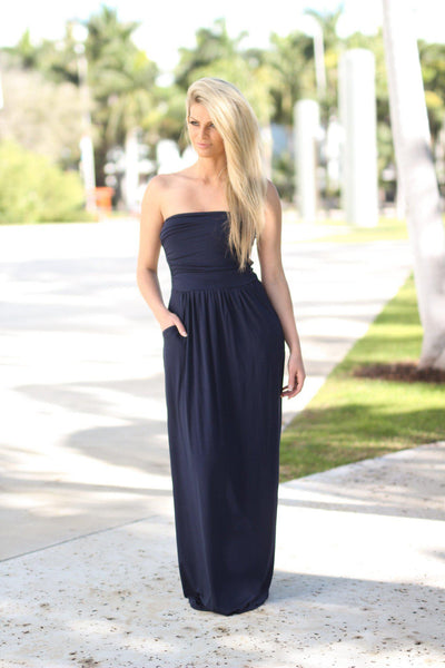 Strapless Navy Dress with Pockets