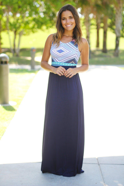 Navy Maxi Dress with Printed Top
