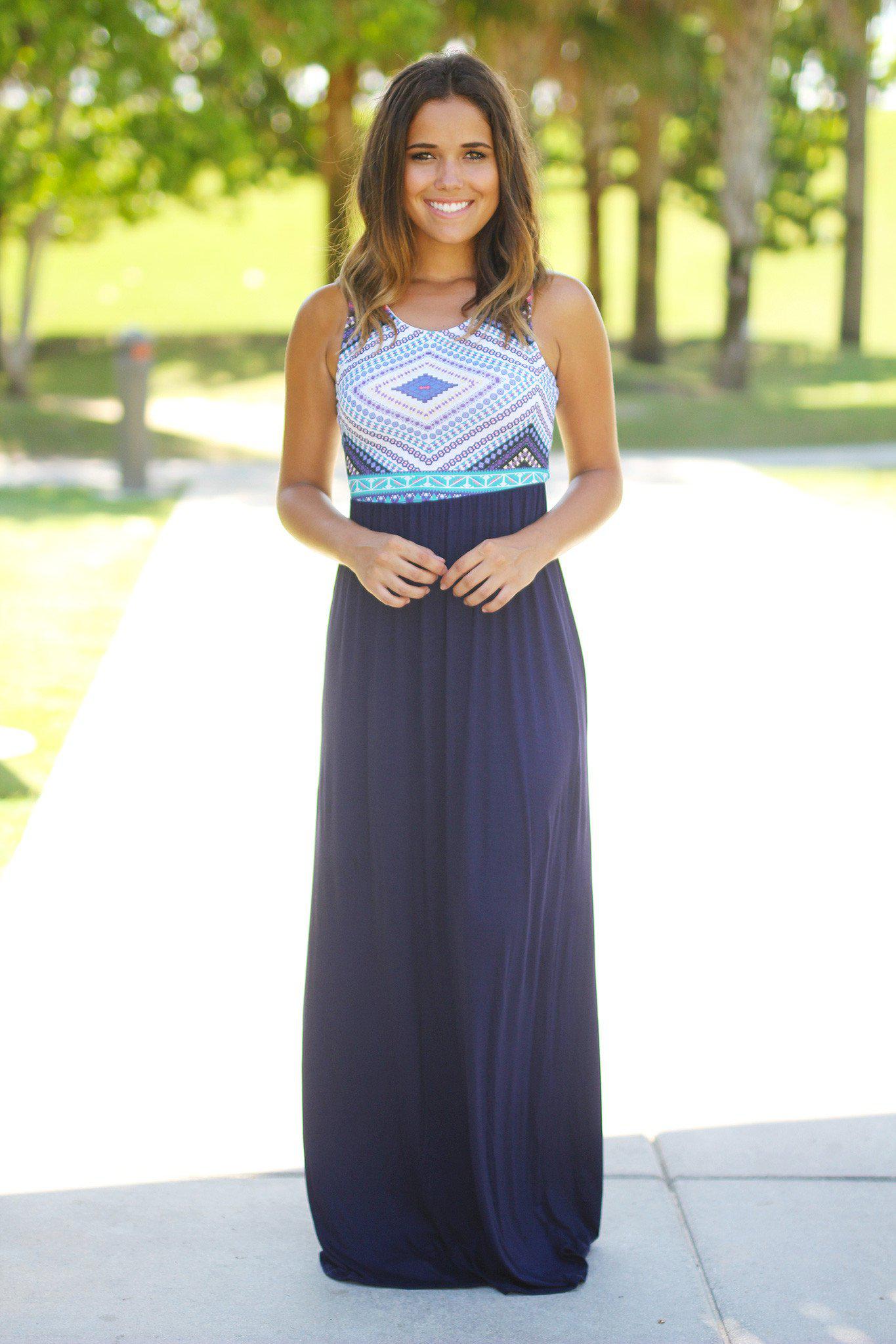 Navy Maxi Dress with Printed Top