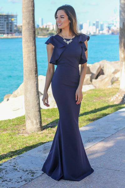 Navy Maxi Dress with Ruffle Sleeves