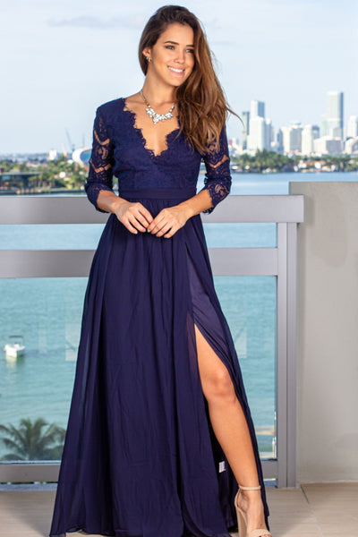 Navy Maxi Dress with Side Slit and 3/4 Sleeves