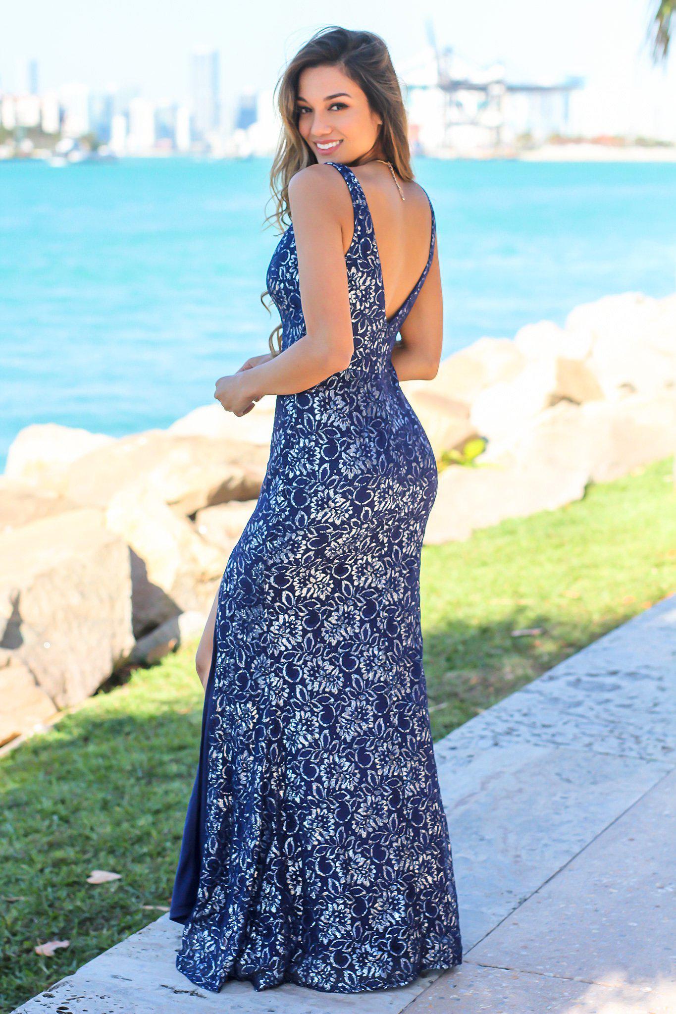 Navy Maxi Dress with Silver Lace Detail