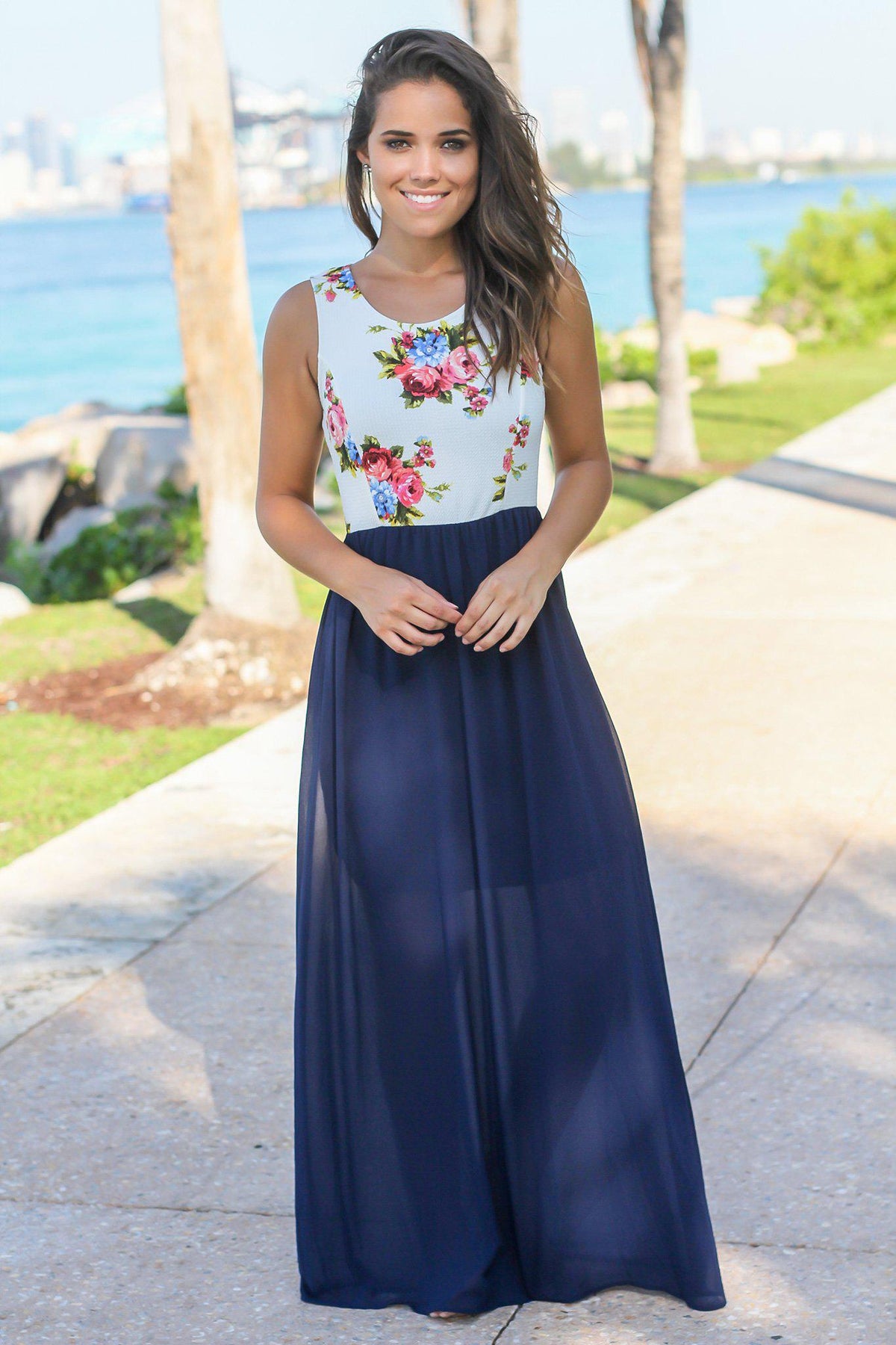 knee length dresses for ladies Navy Maxi Dress with White Floral Top