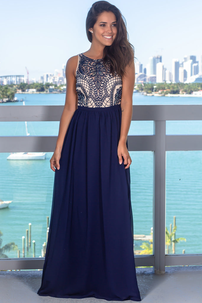 Navy Mesh Top Maxi Dress with Sequins | Maxi Dresses Saved by the Dress Navy Mesh Top Maxi Dress with Sequins | Maxi Dresses Saved by the Dress