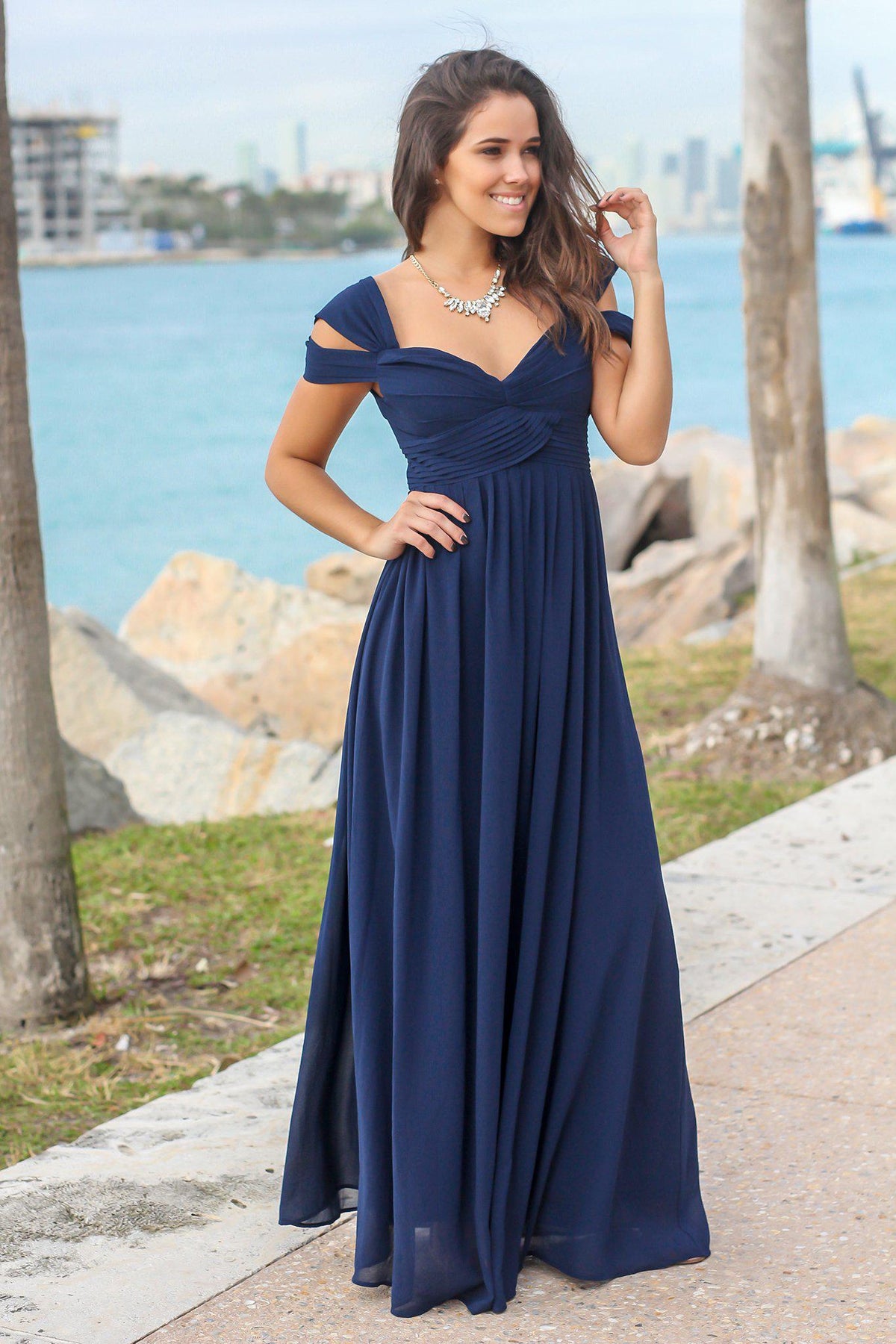 Navy Off Shoulder Maxi Dress | Bridesmaid Dresses – Saved by the Dress