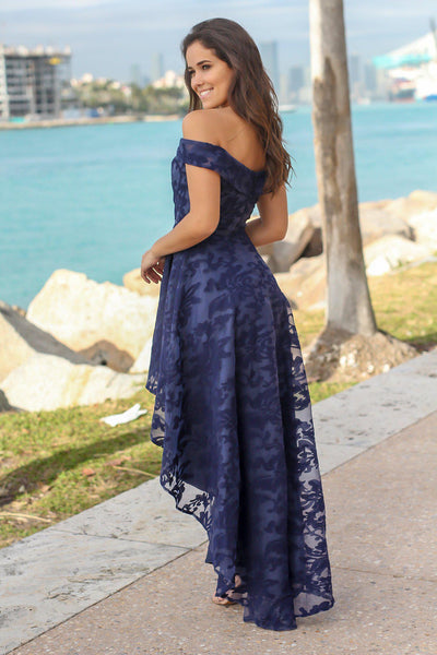 Navy Off Shoulder Printed High Low Dress
