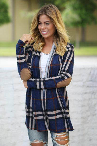 navy patched cardigan