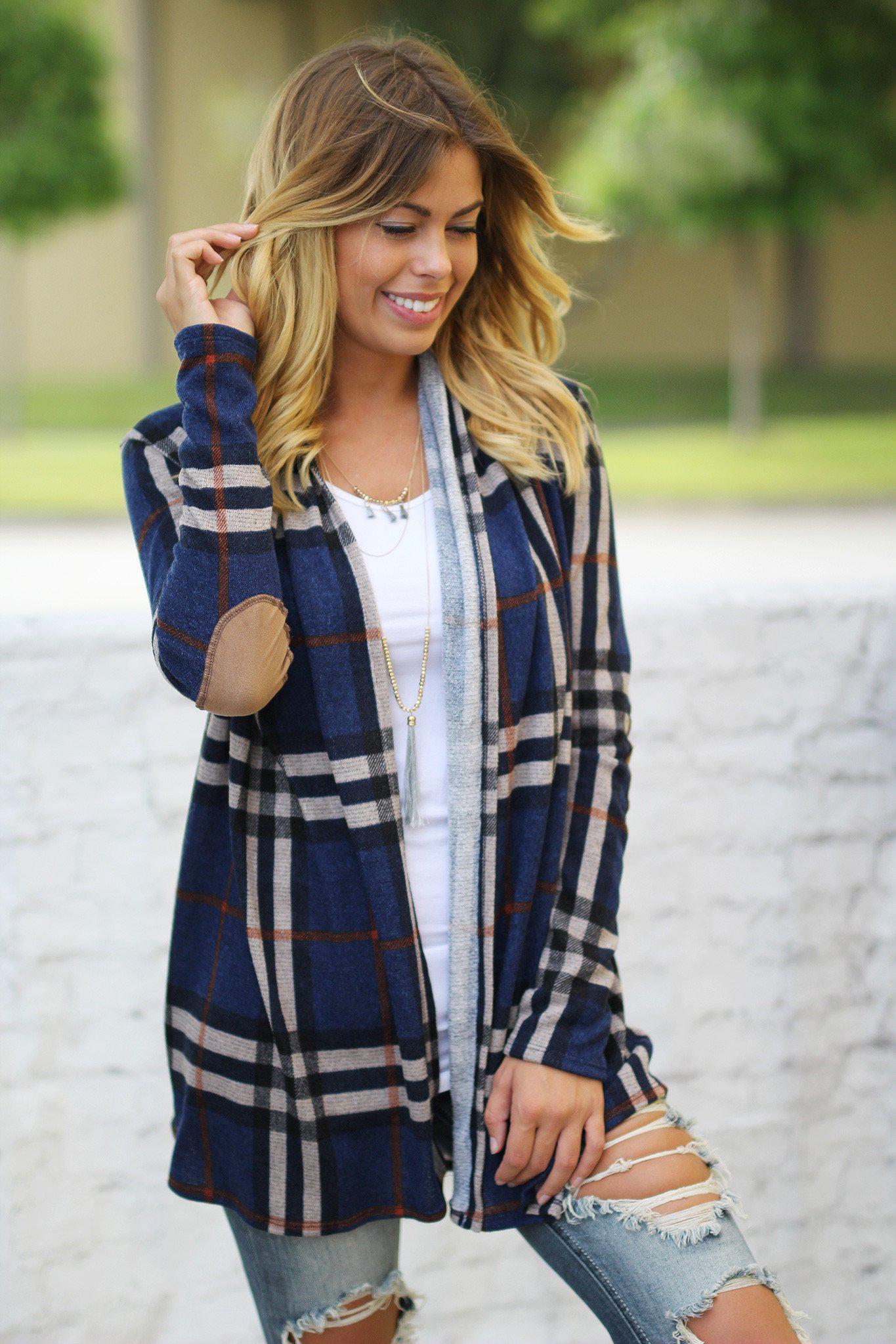 Navy Plaid Cardigan With Elbow Patches | Navy Cardigan | Patched Cardi ...