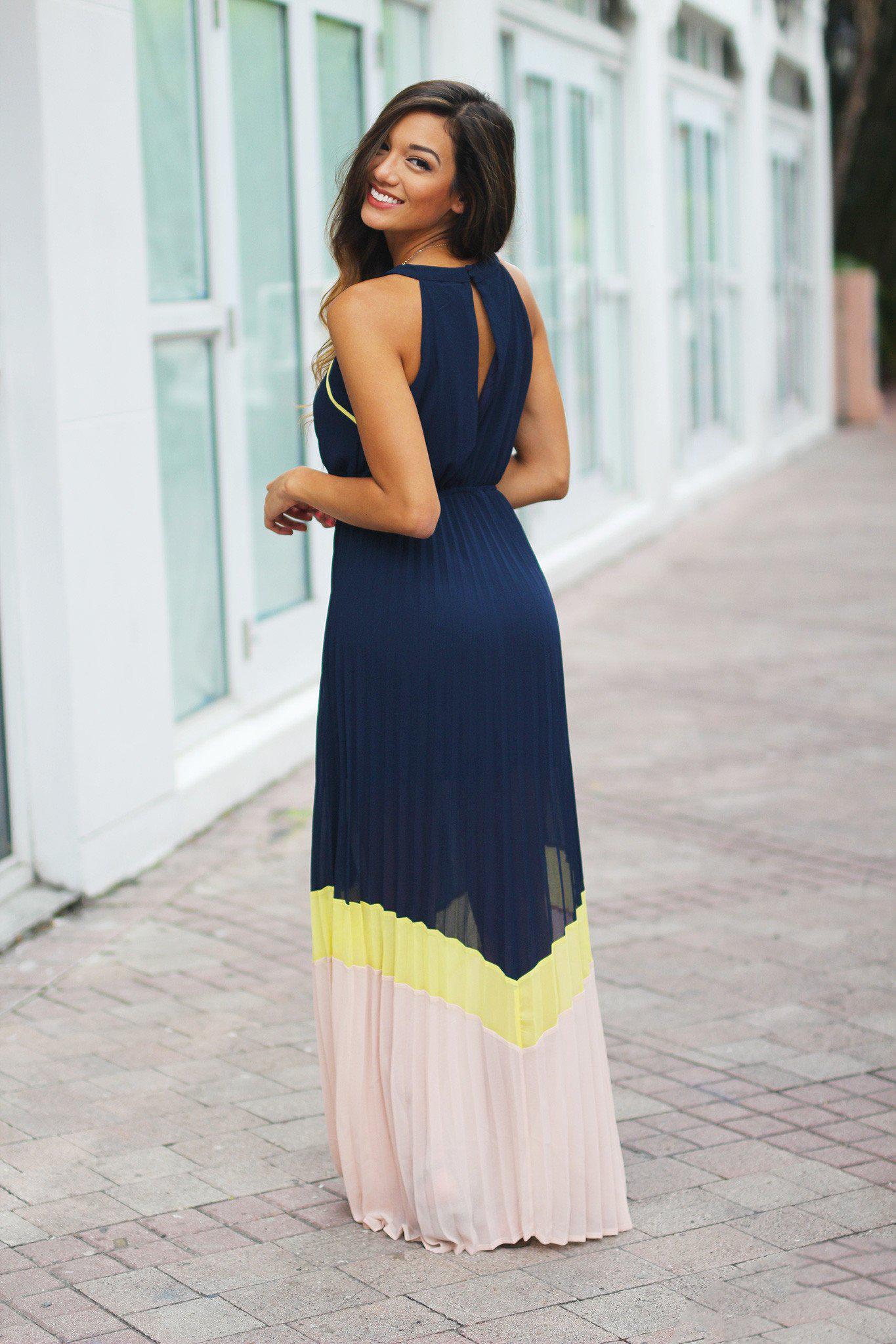Navy Color Block Pleated Maxi Dress | Color Block Dress Saved by the Dress Navy Color Block Pleated Maxi Dress | Color Block Dress Saved by the Dress