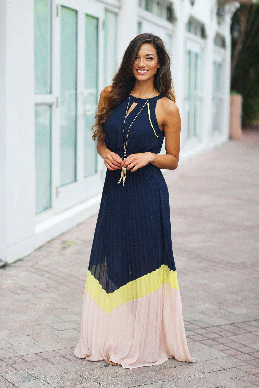 green emerald velvet dress Navy Color Block Pleated Maxi Dress