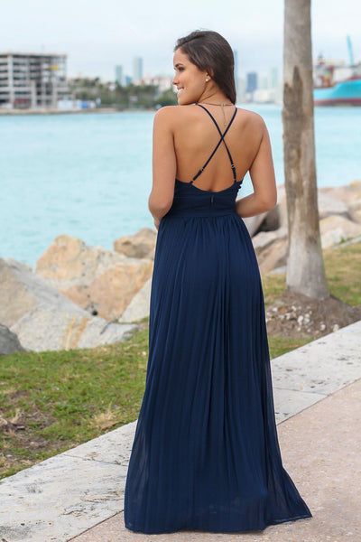 Navy Pleated Maxi Dress with Criss Cross Back