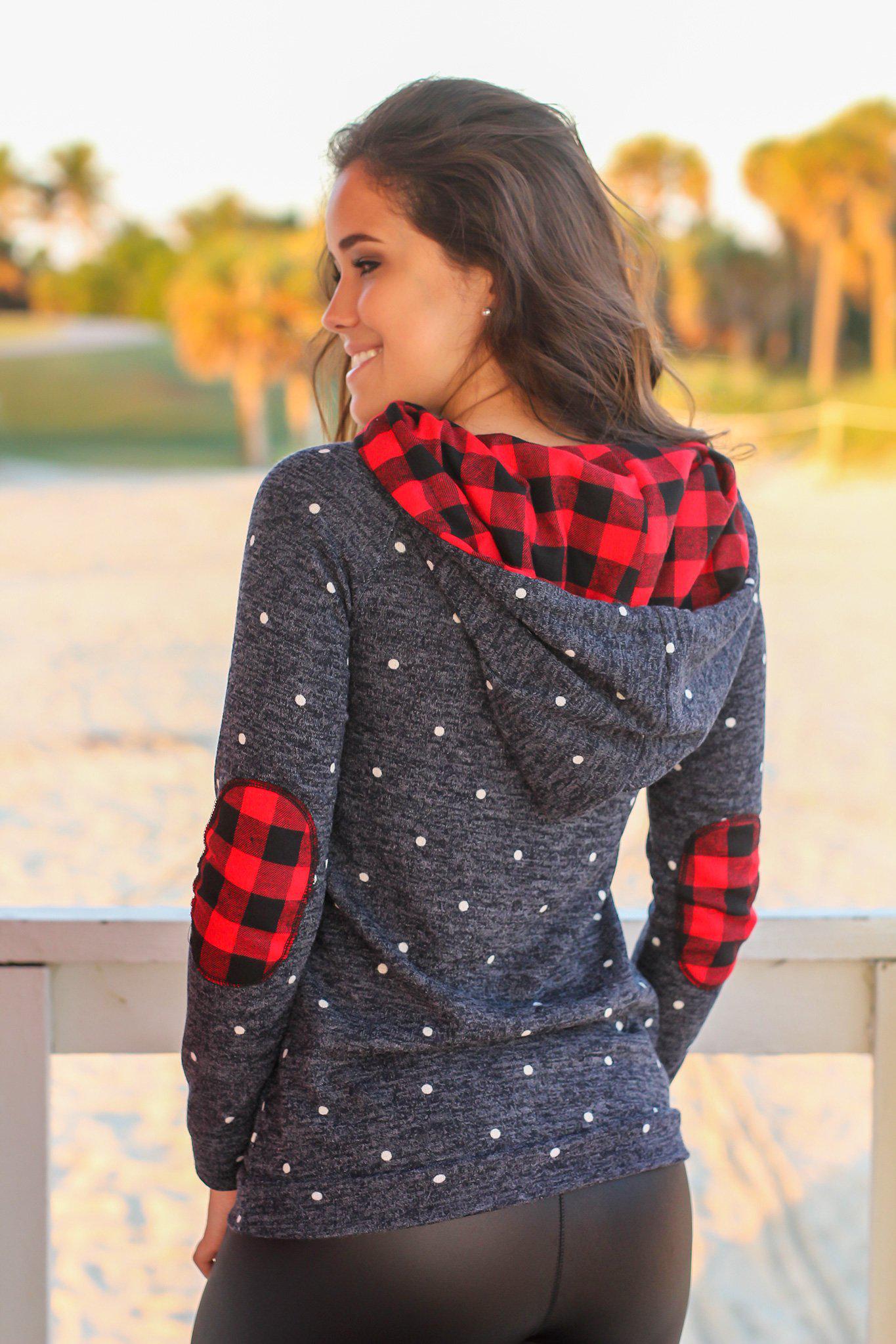 Navy Polka Dot and Plaid Hoodie