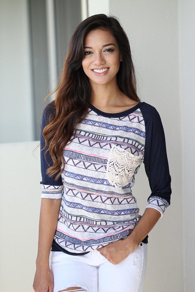 Navy Printed Top With Crochet Pocket