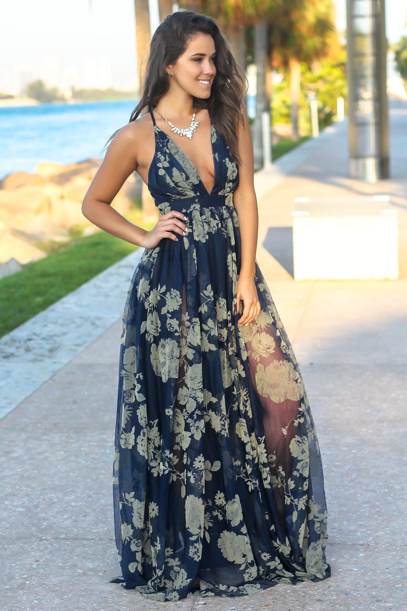 Navy Printed Tulle Maxi Dress with Criss Cross Back