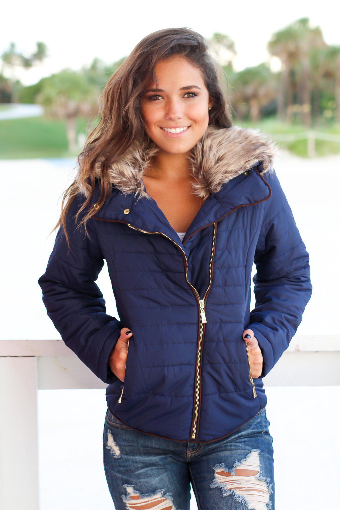 Navy Quilted Jacket with Side Zipper