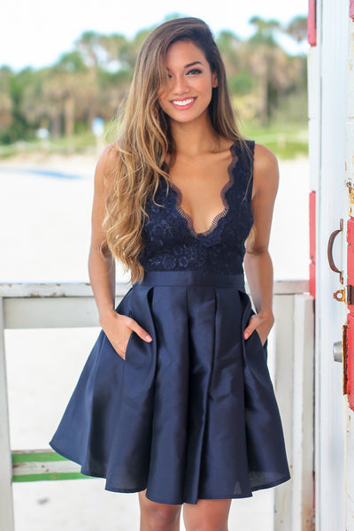 Navy Short Dress with Embroidered Mesh Back Detail