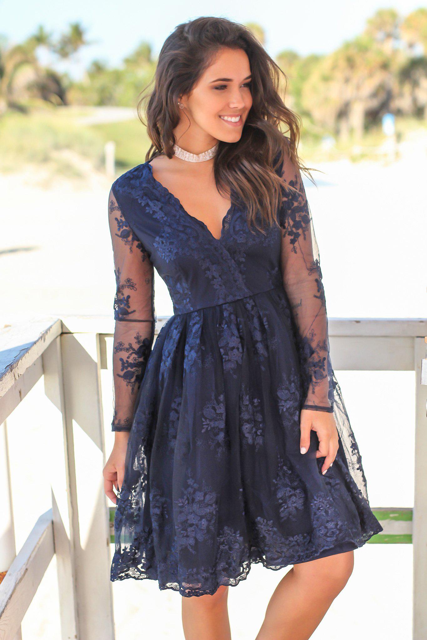 Navy Short Dress with Mesh Embroidered Sleeves
