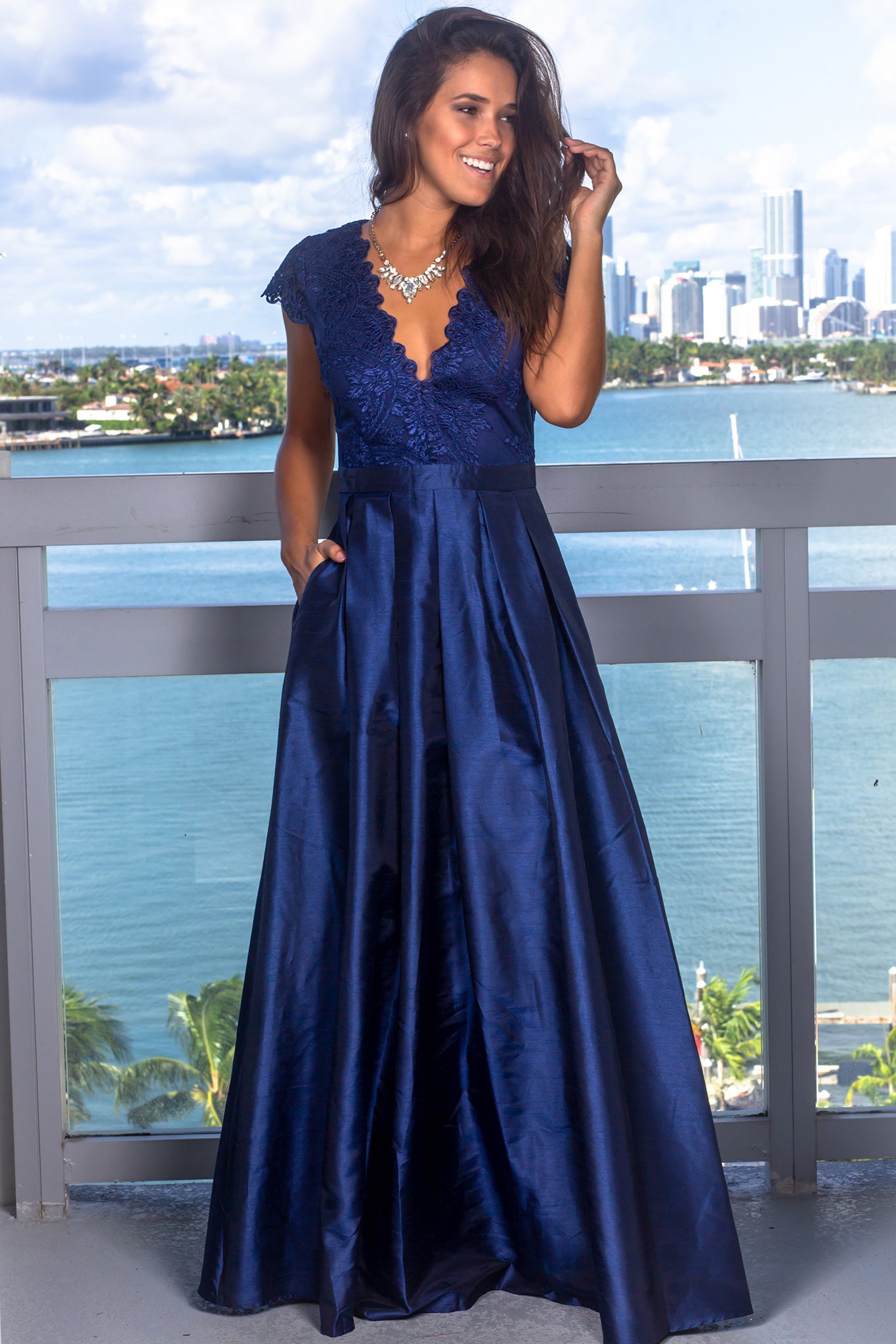 Navy Short Sleeve Maxi Dress with Embroidered Top