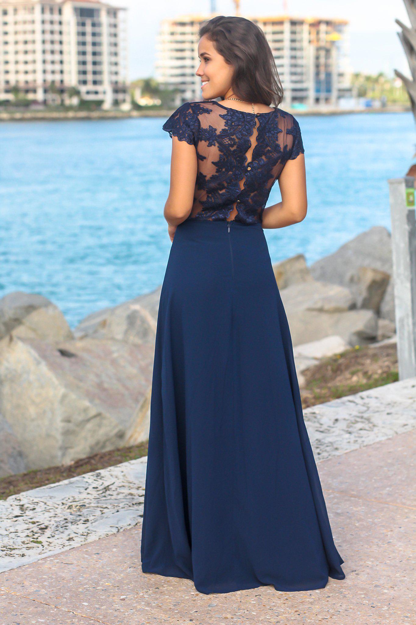 Navy Short Sleeve Maxi Dress with Embroidered Top and Slit
