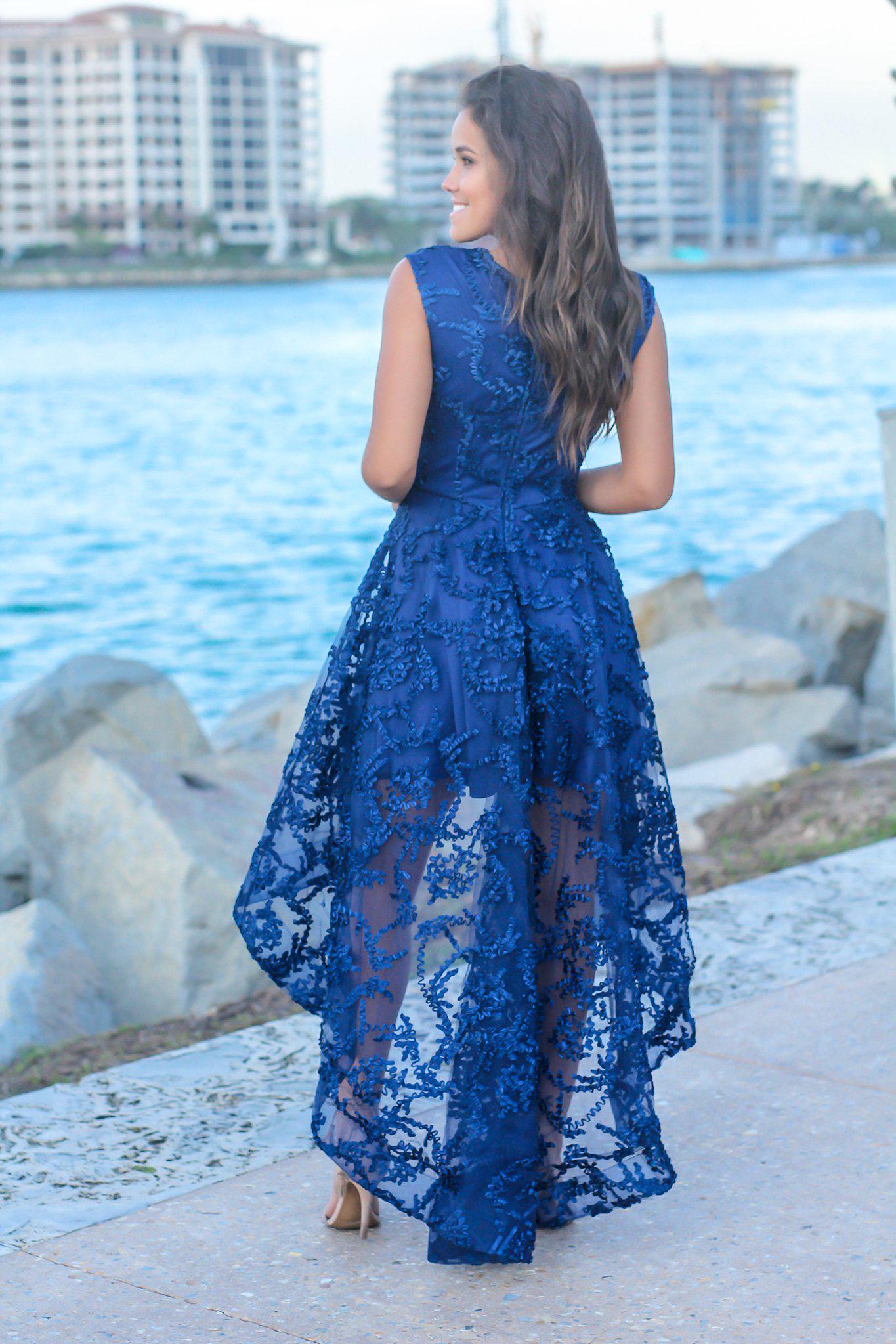 Navy Sleeveless Embroidered High Low Dress