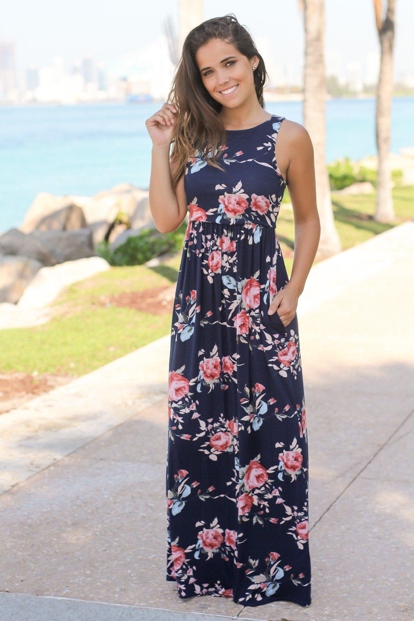 Navy Sleeveless Floral Maxi Dress